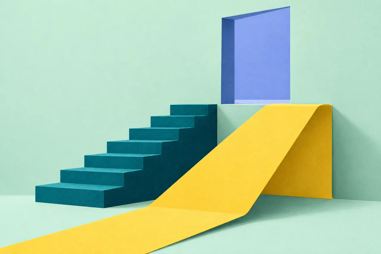 A smooth yellow paper ramp reaches the same doorway as a set of teal steps