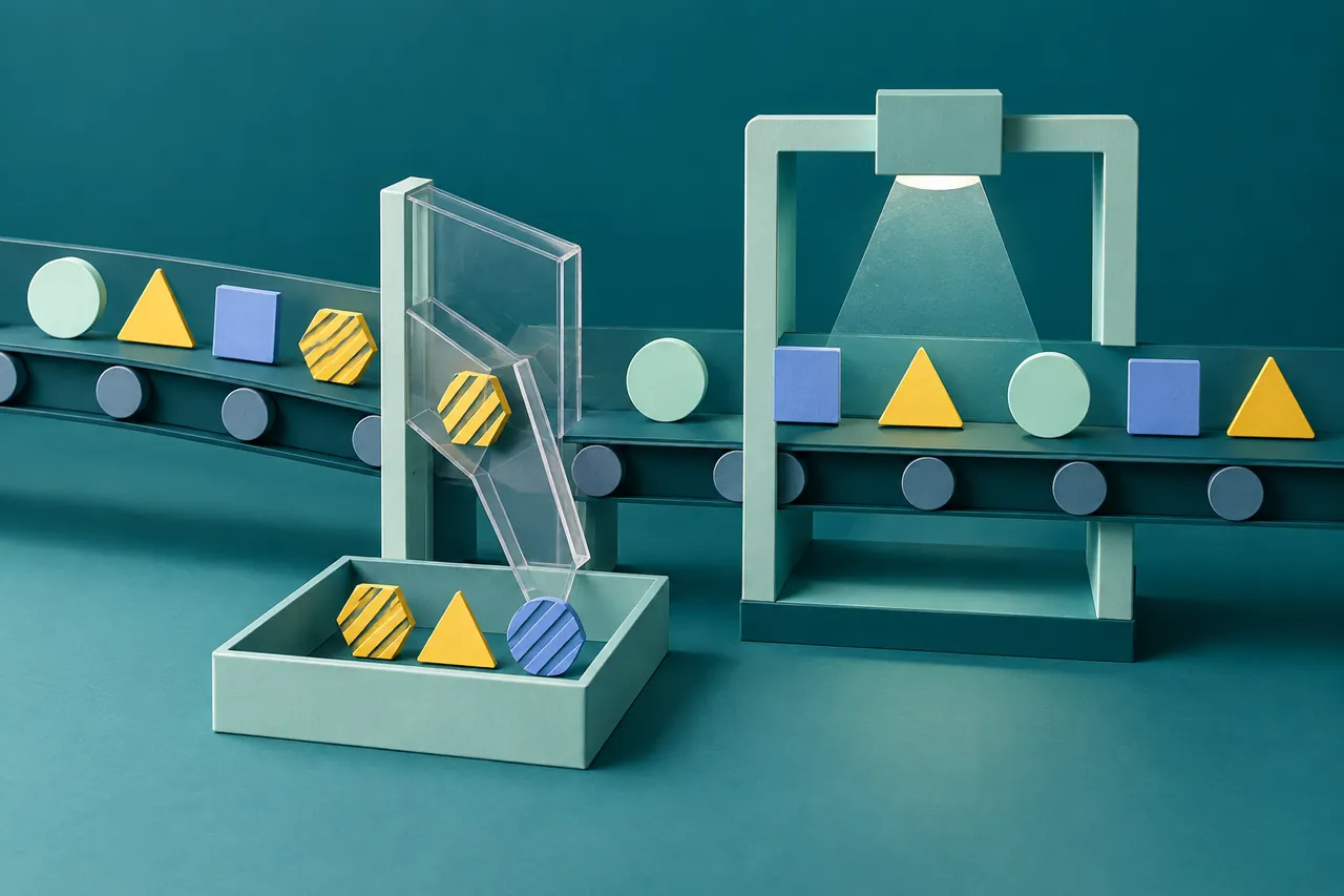 A transparent sorter diverts selected test tokens into an open tray while other tokens continue through a measurement frame.