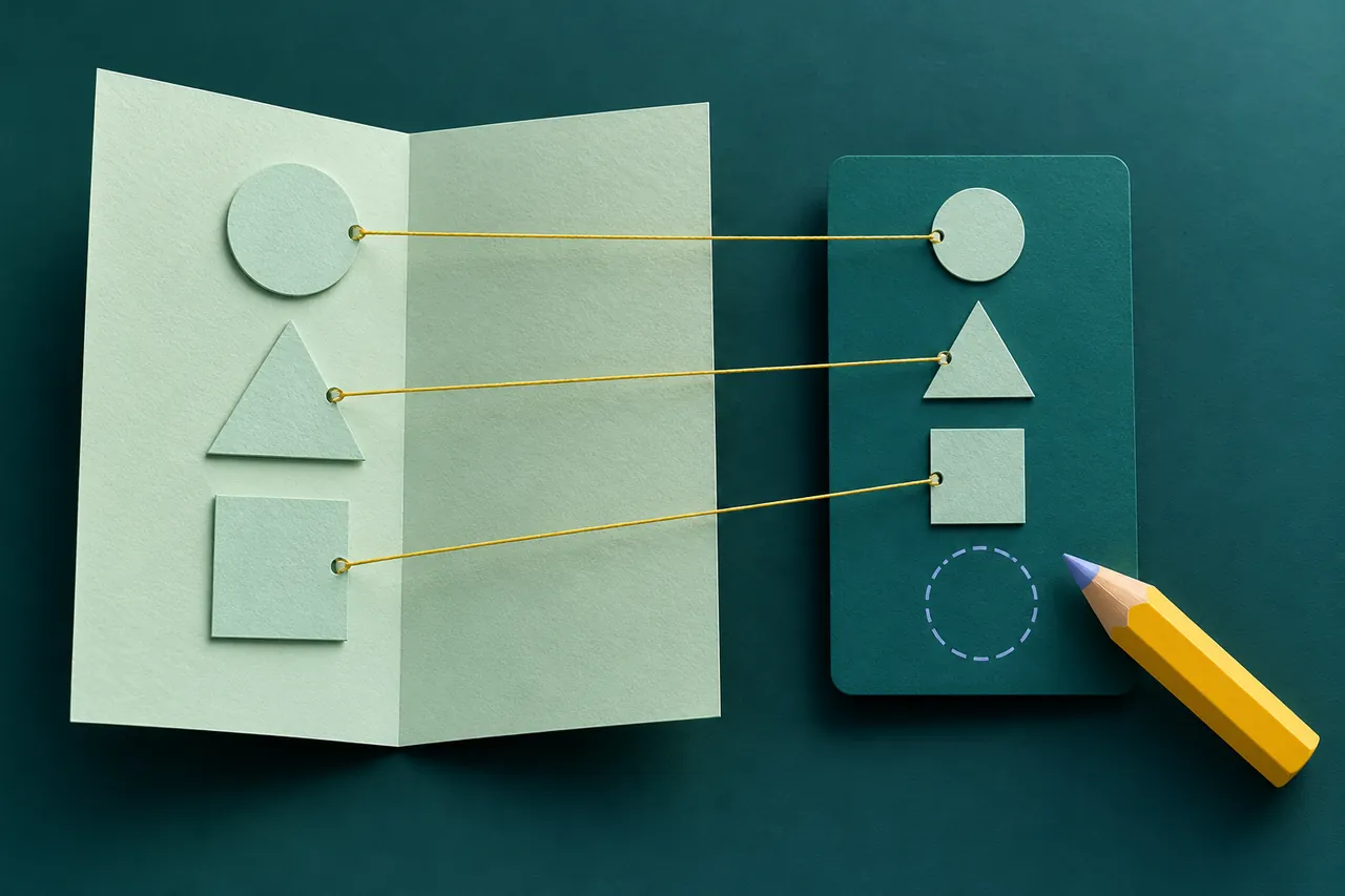 Three shapes on a source document connect to matching output shapes, with one empty editable position