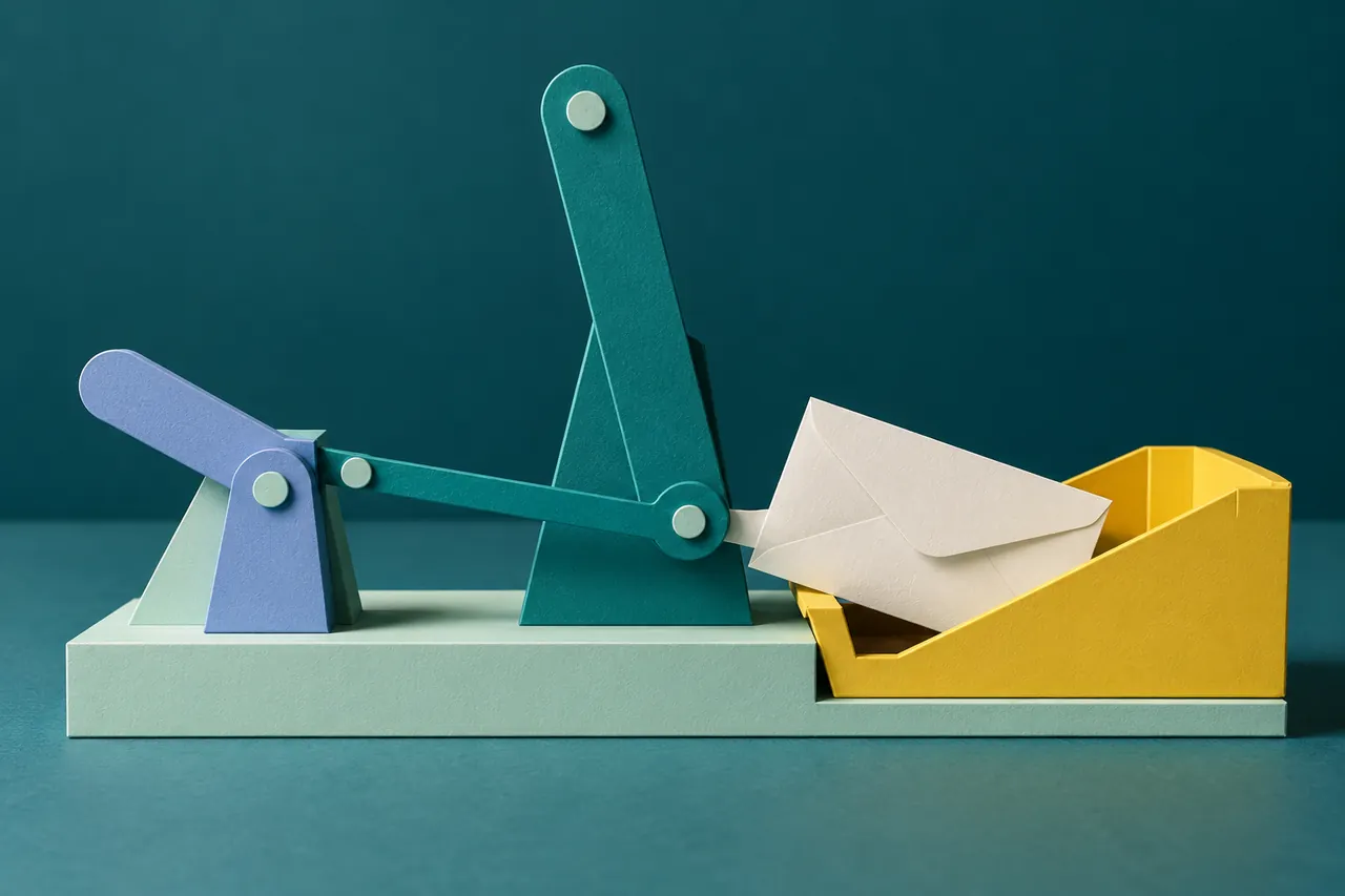 A small paper lever connects to an envelope entering a tray beside an upright larger lever