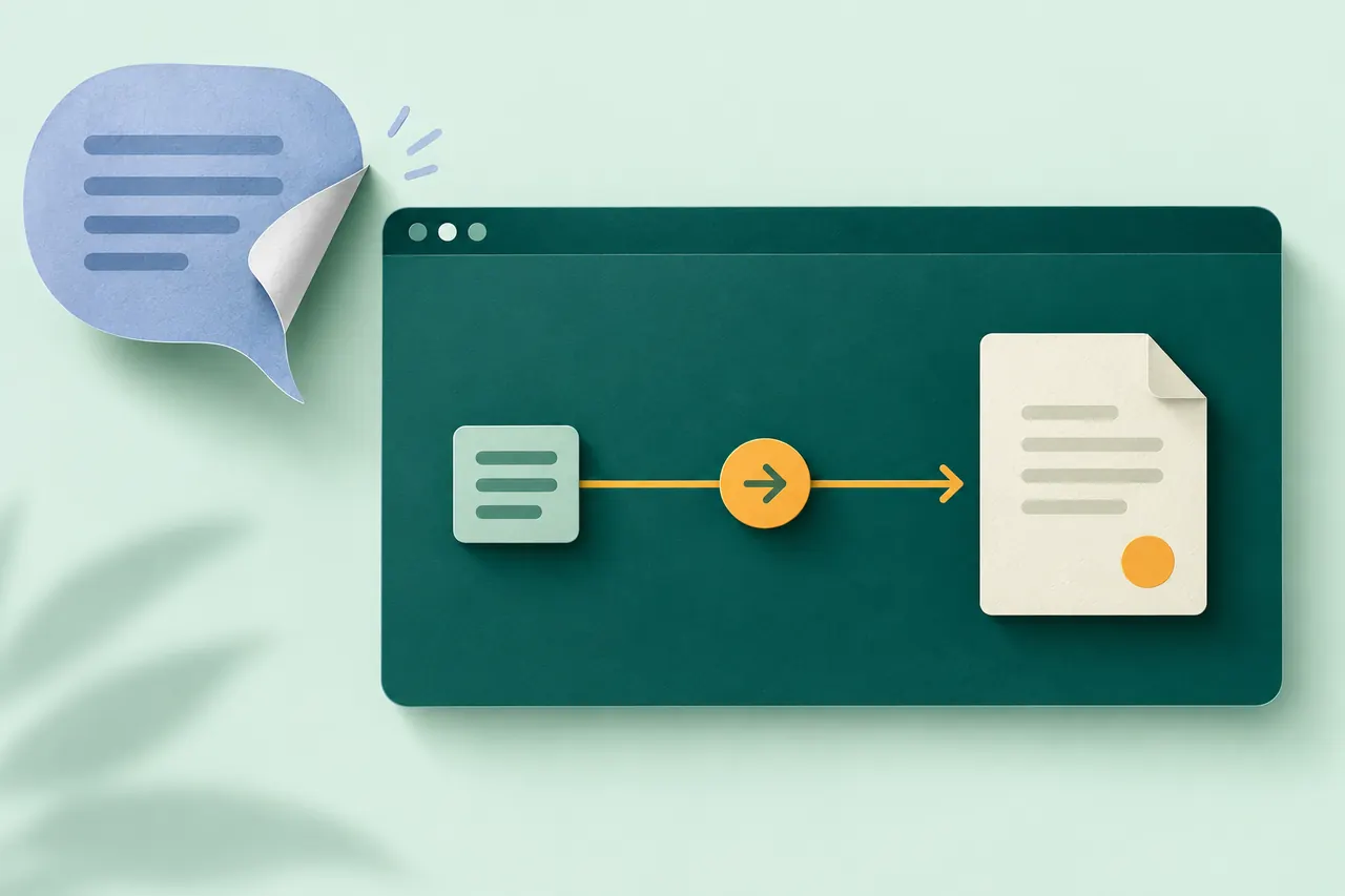 A speech bubble peels away from a browser window containing a clear path from input to a completed document.