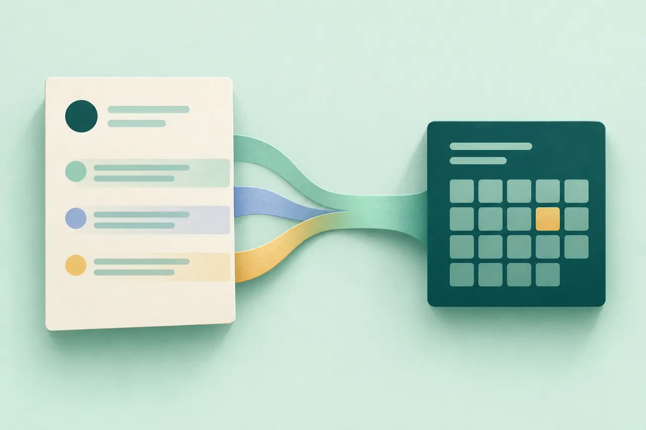 Colored paths flow from a patient intake form into an appointment calendar with one day highlighted.