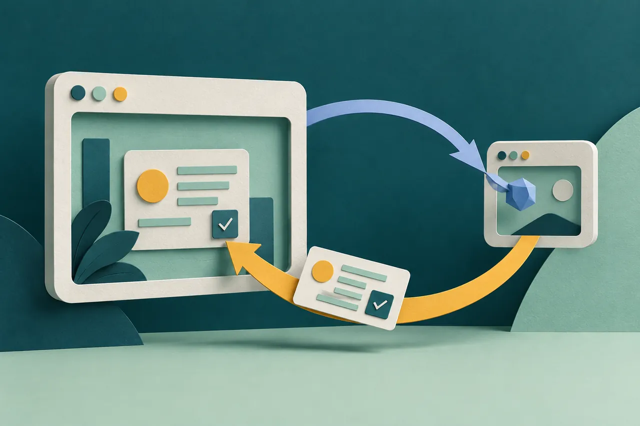 A token travels to a smaller screen and a confirmed project card returns to the larger screen