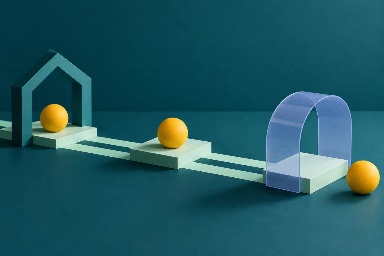 Three connected region-like platforms with two yellow tokens seated and a third waiting outside a translucent arch