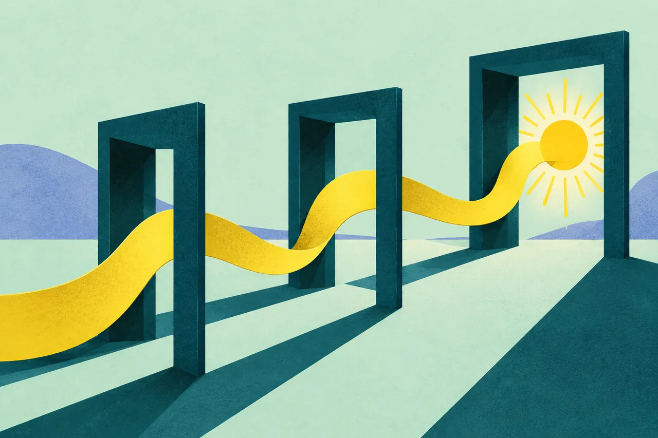 A yellow ribbon passes through three teal doorways and reaches a sunlit destination