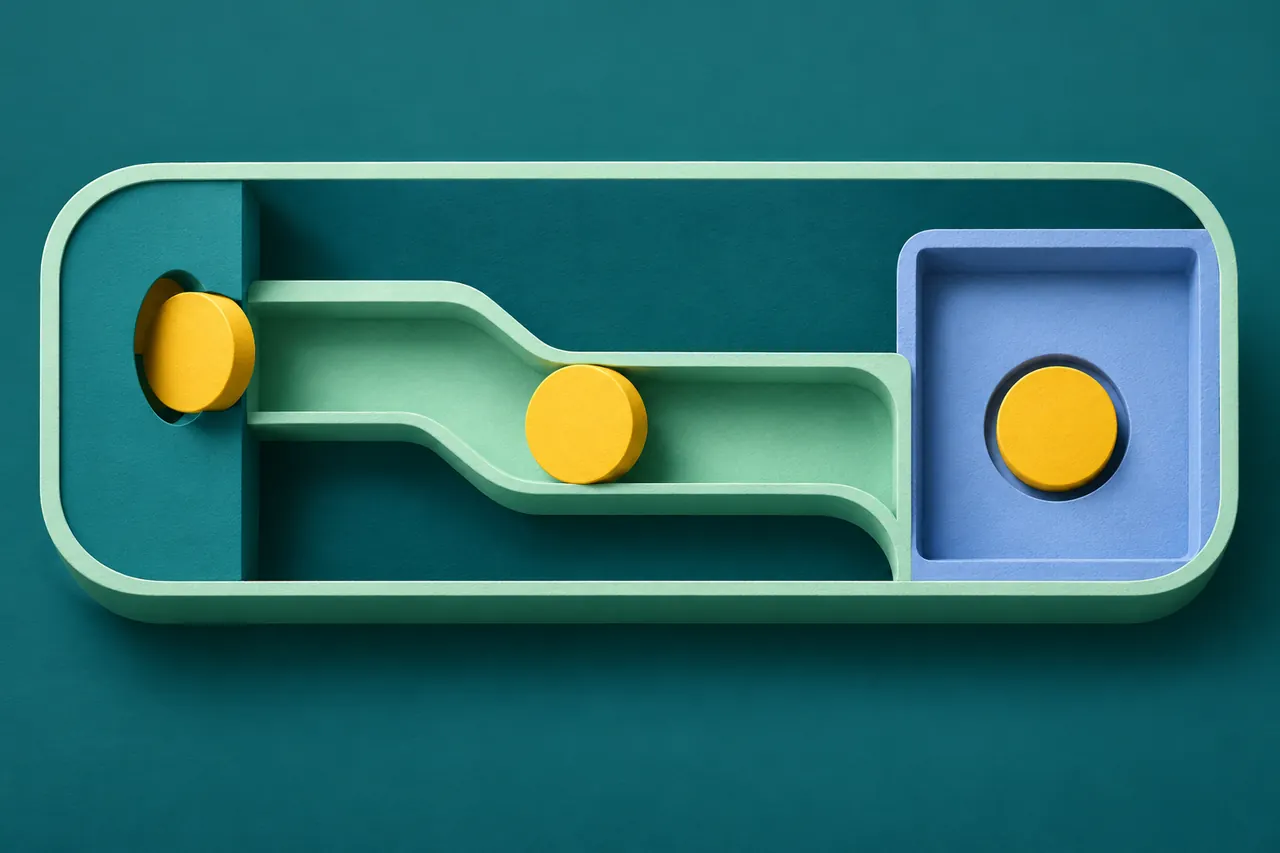 A yellow token shown along a channel from a request opening to a matching result socket inside one boundary