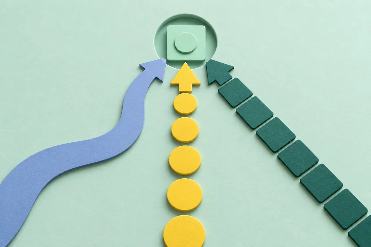 A curved ribbon, round tap steps and square key steps converge on one card destination