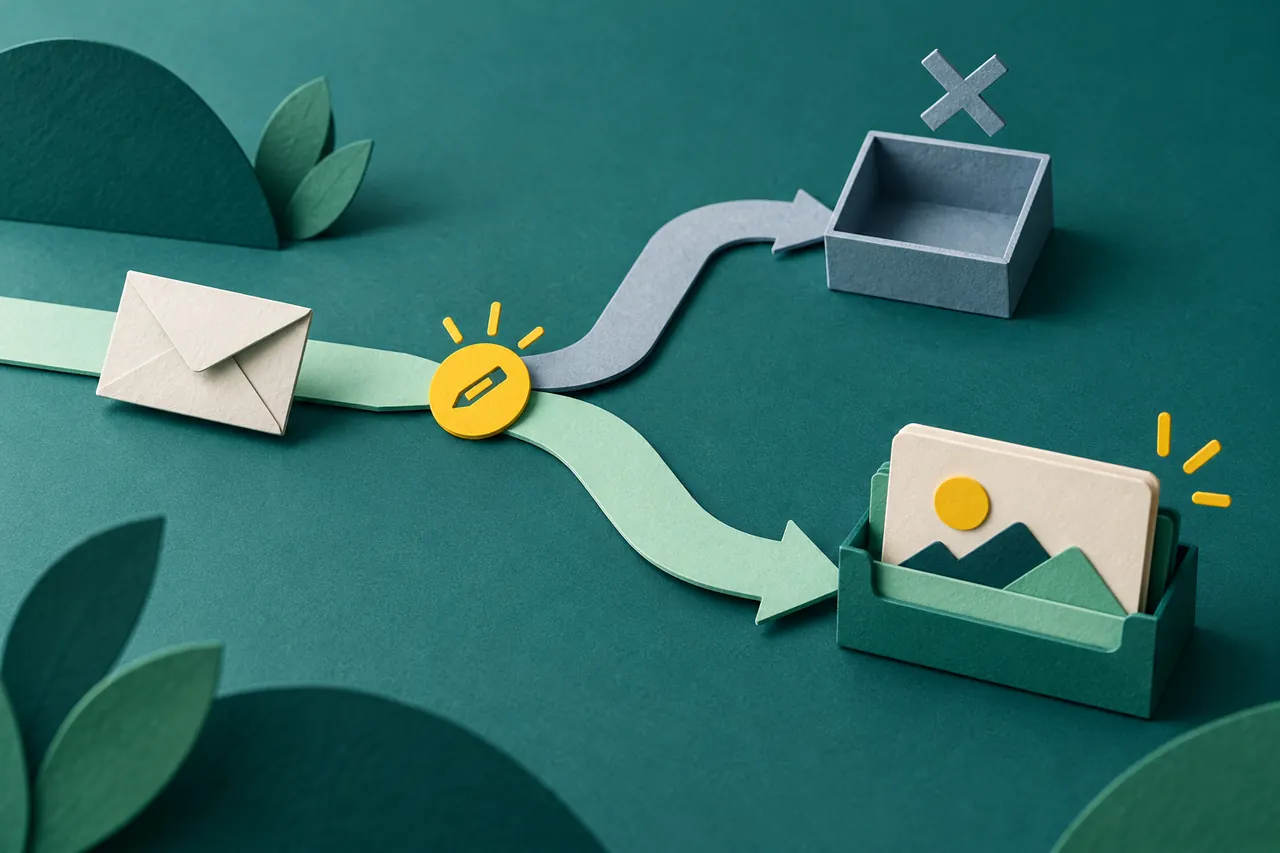A paper envelope at an editable fork leading away from an empty tray toward a preserved project card