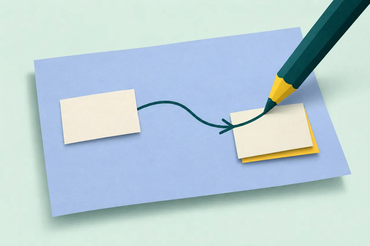 A teal pencil connects two paper rectangles on a periwinkle sheet, turning a blank canvas into a diagram