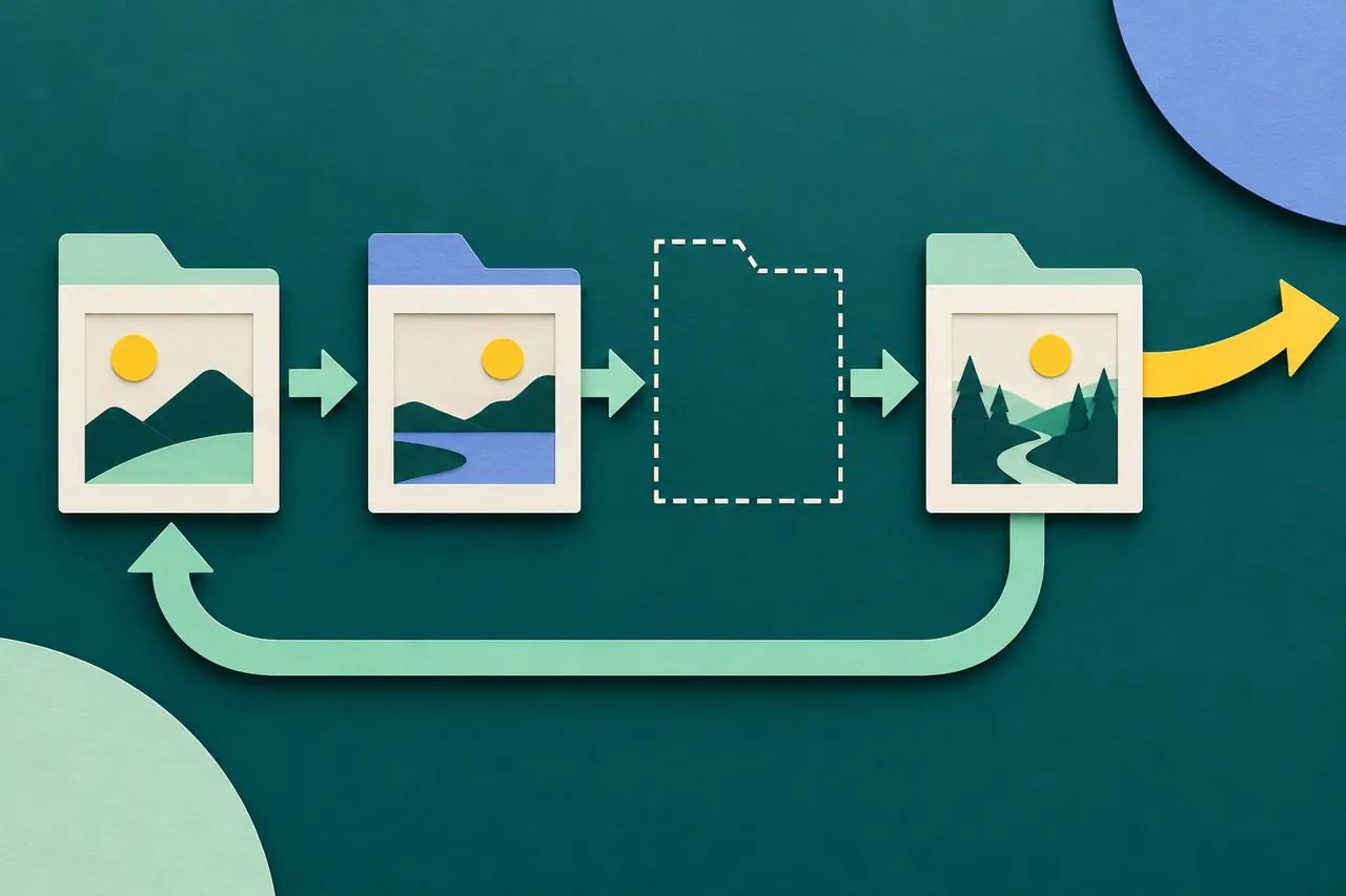 Paper project tiles include an empty deleted position, a mint recovery loop and a yellow arrow leaving the workspace.