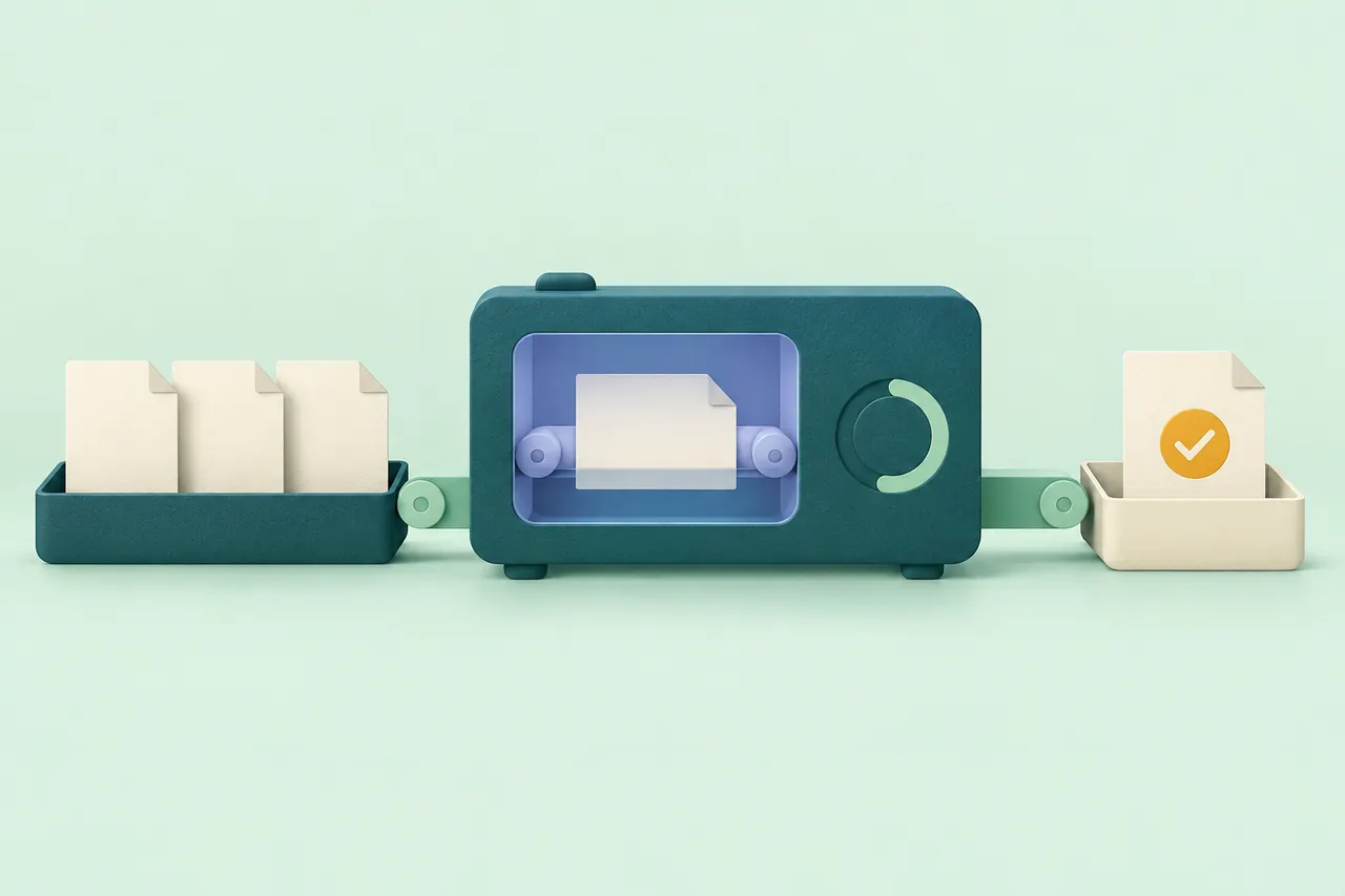 Queued papers pass through a processing chamber with an activity indicator toward a completed document.