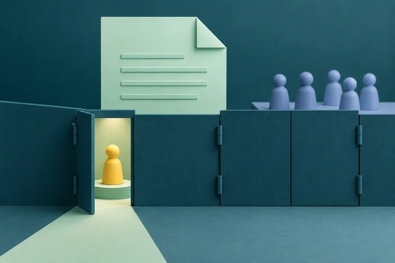 A document behind a boundary with one small opening for a selected person and a wider closed gate