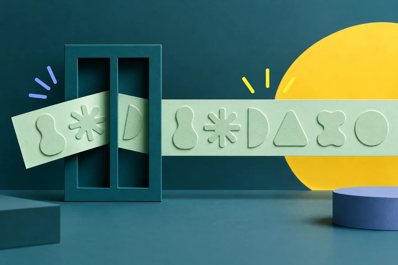 A strip of varied embossed shapes passing beyond a rigid divided frame into an open area