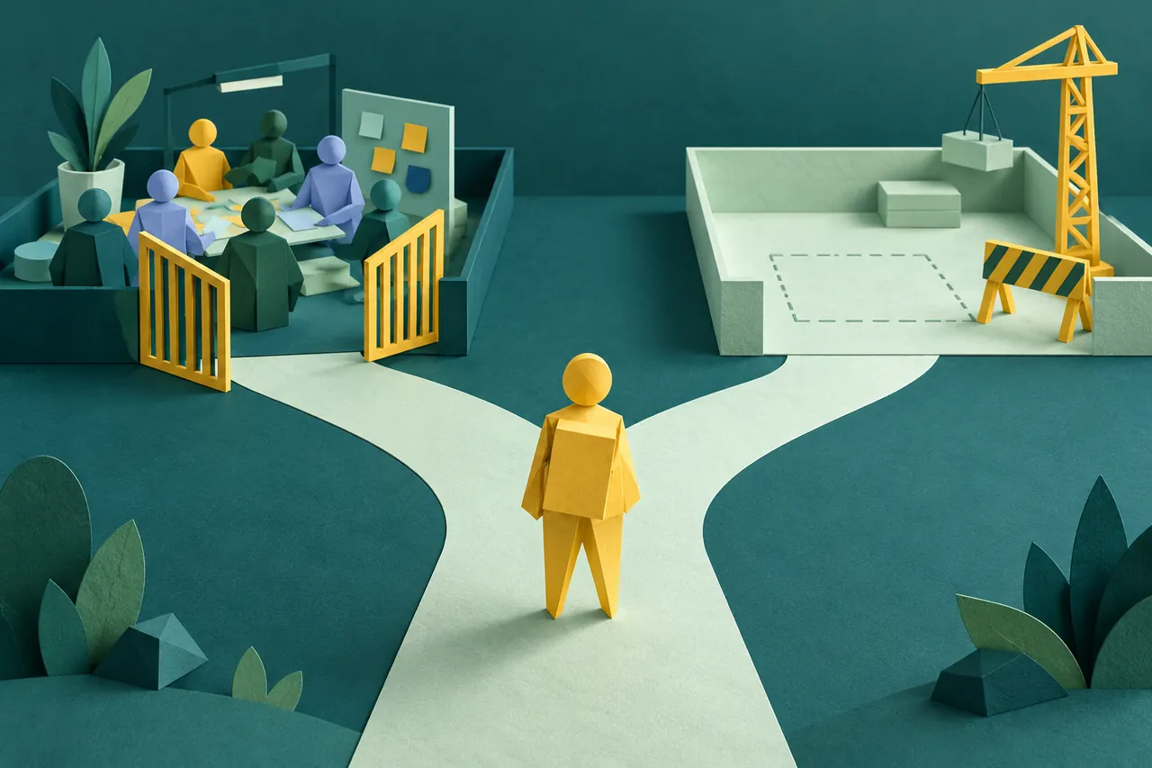 A newcomer at a fork between an occupied shared workspace and a new workspace under construction