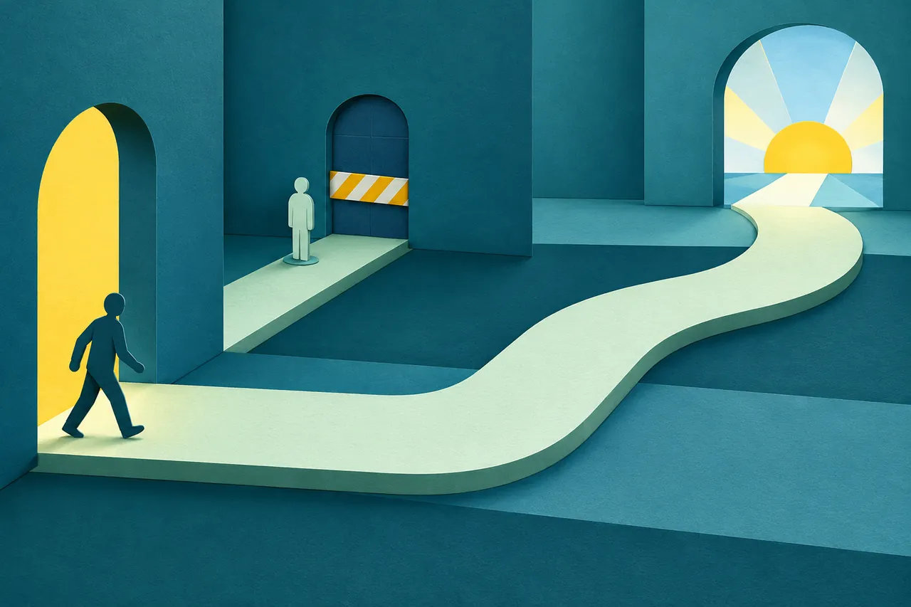 An open main route bypasses a blocked side doorway and continues to the original destination