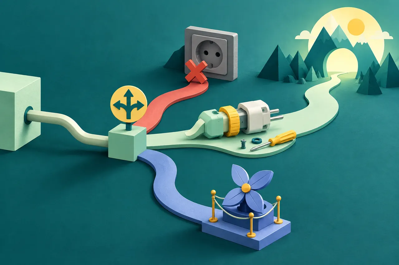 An early setup junction separates a blocked socket, a repairable plug and an optional flower-shaped attachment.