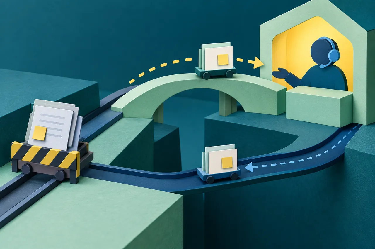 A diagnostic packet travels to a support station and back while the unfinished project stays behind a barrier
