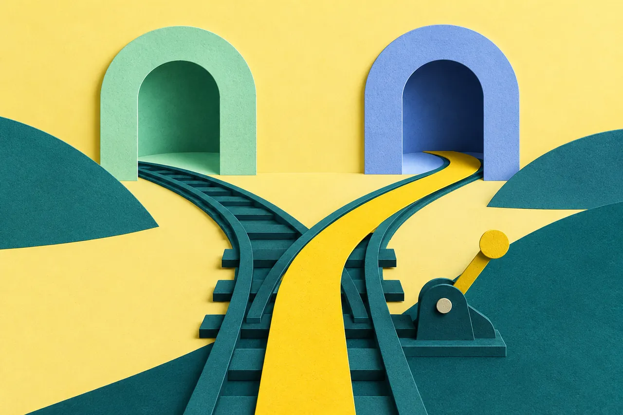 A yellow path turns through an adjustable junction toward one of two paper arches