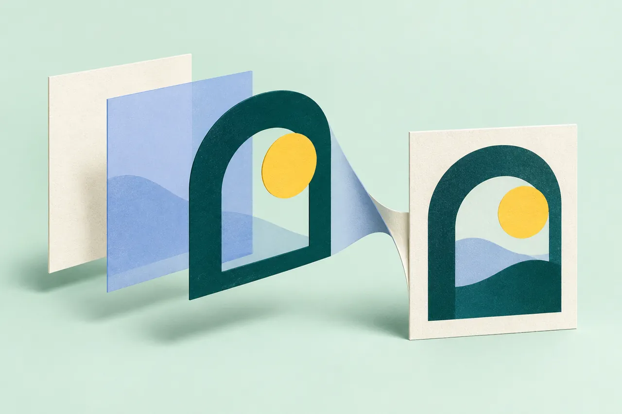Separate paper layers align into a finished print with a teal arch and a yellow sun