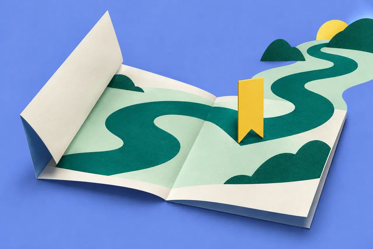 A yellow bookmark marks the exact point where a teal path continues
