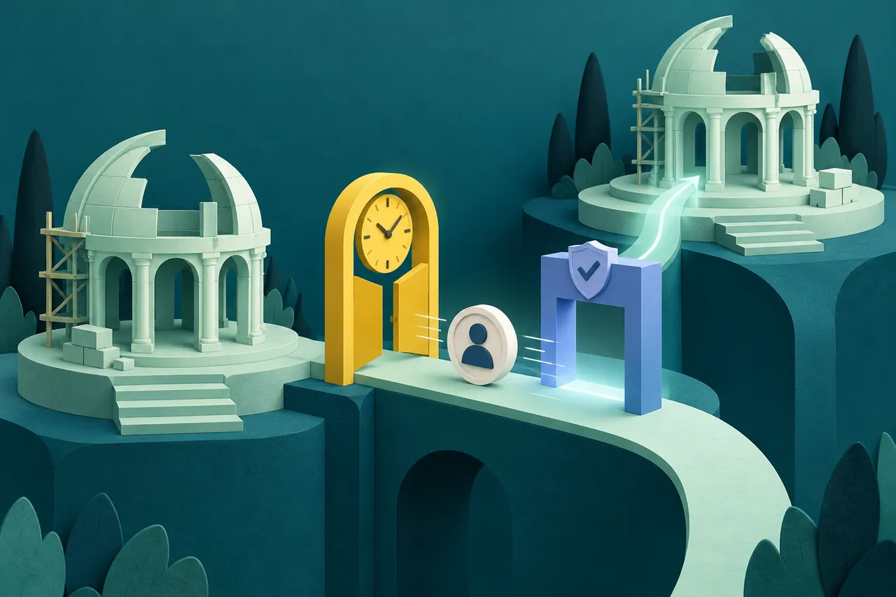 An unfinished mint structure remains intact across a yellow timeout gate and a separate identity checkpoint.