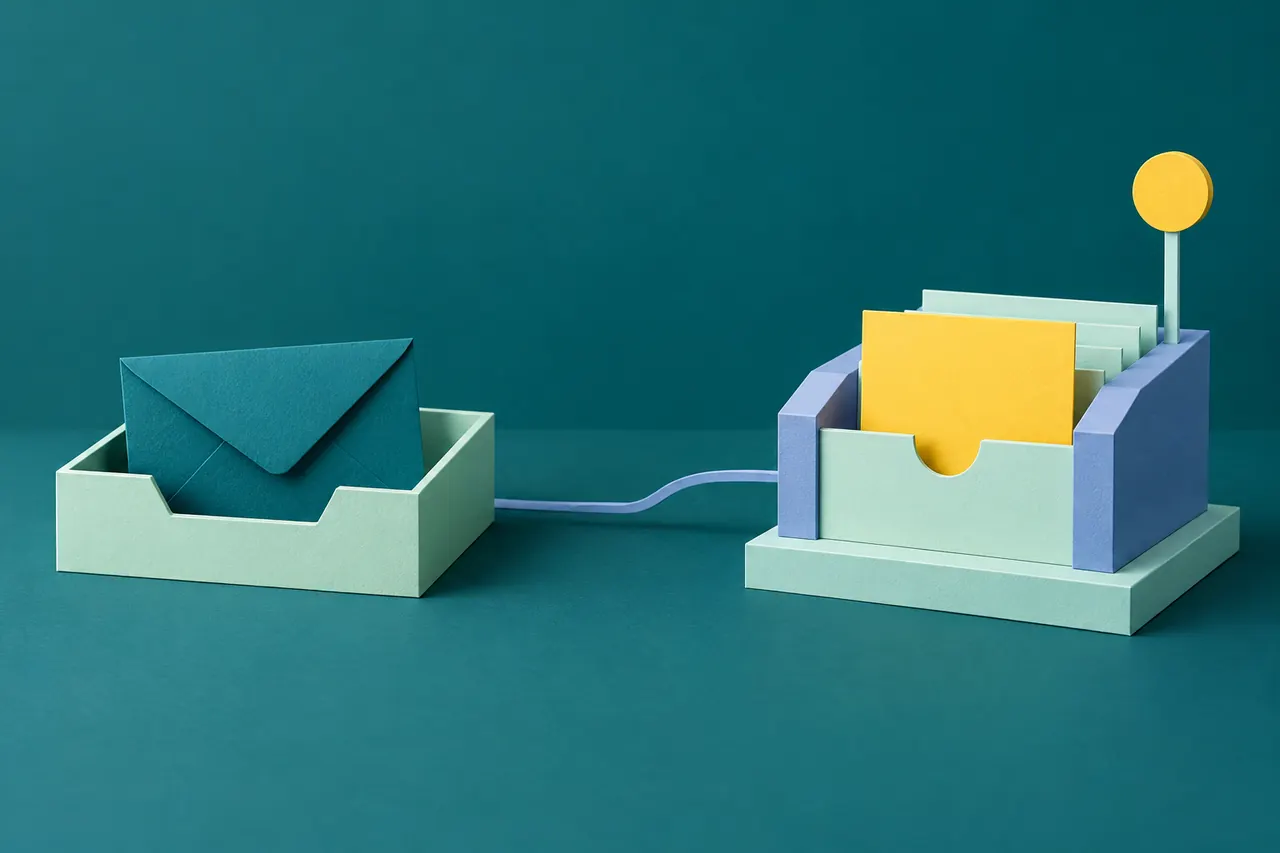 An envelope in a receiving tray connected to a separate station holding a raised yellow task card