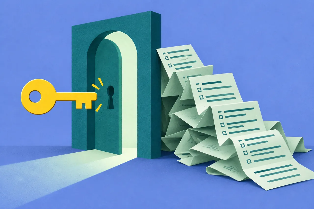 A small yellow key opens a doorway while a long folded form stays outside