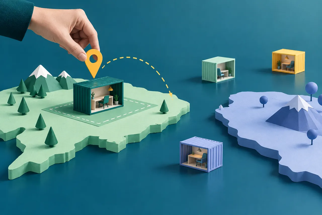 A hand holds a yellow location marker above a workspace on one of two paper regions, with separate containers outside.